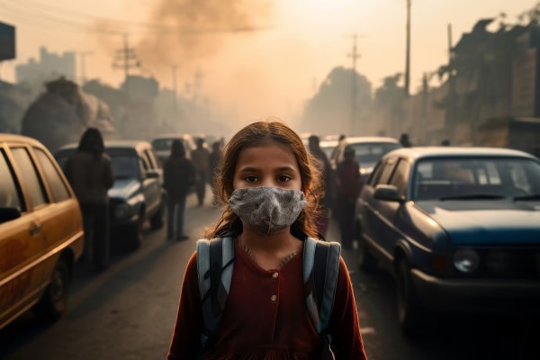 contaminación - niña con una mascarilla y la mochila del colegio caminando por la calle de una ciudad con alta contaminación