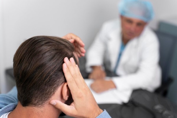 hombre en la consulta del dermatólogo explicándole sus problemas en el cuero cabelludo