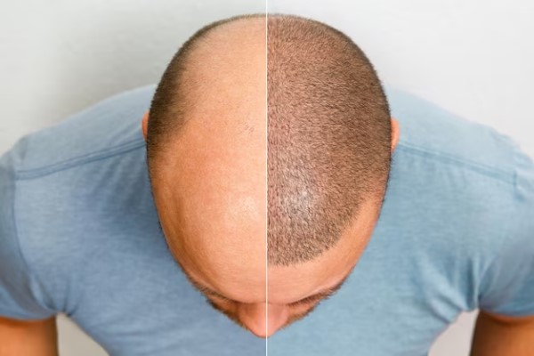 imagen del antes y después de un injerto capilar en un hombre de mediana edad