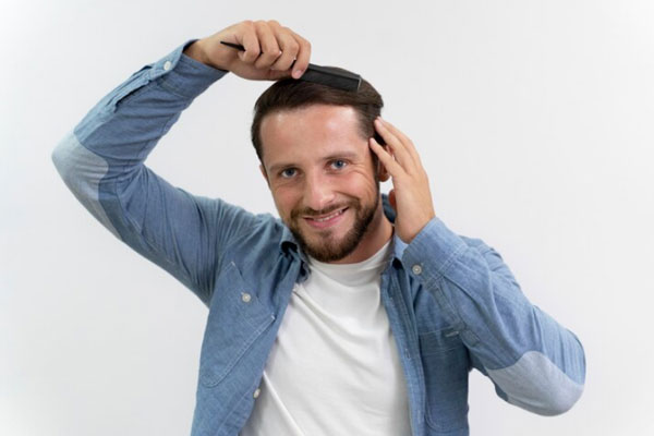 Sistema de integración capilar - Hombre sonriente peina su cabello y disfruta de los beneficios de una prótesis capilar indetectable