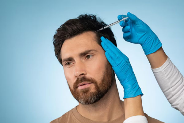 Hombre recibe un cóctel de vitaminas y aminoácidos para potenciar la nutrición del cabello y mejorar densidad capilar