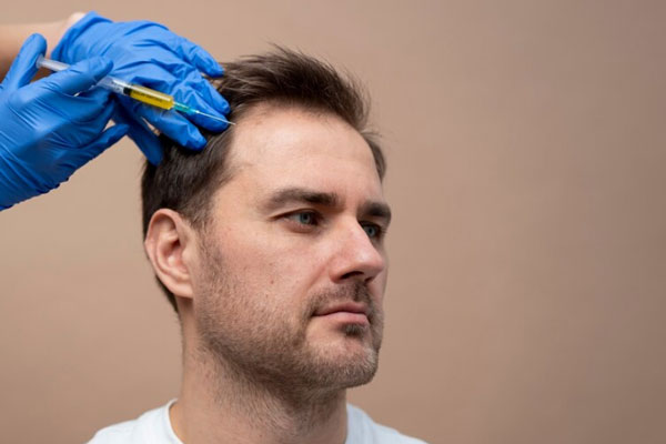 Infiltración capilar - Hombre con entradas en la cabeza recibe un tratamiento capilar para combatir la alopecia