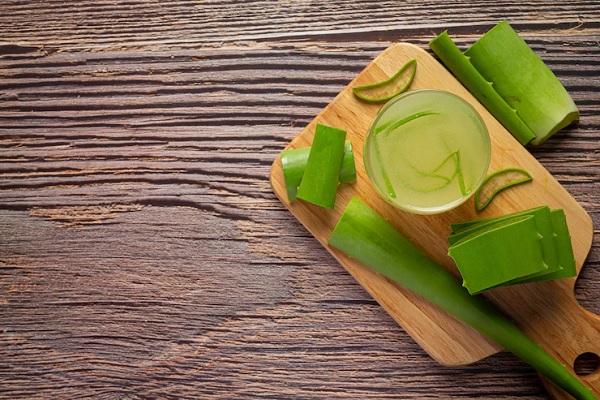 beneficios del aloe vera - hojas de aloe vera sobre una mesa y otras metidas en un vaso con un liquido