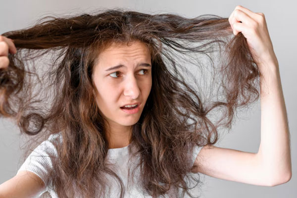Desenredar el pelo - Mujer con cabello áspero y reseco se preocupa por el mal aspecto de su melena 