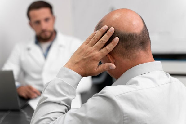 Calvicie y obesidad - Hombre con problemas de alopecia acude al tricólogo para obtener un diagnóstico personalizado