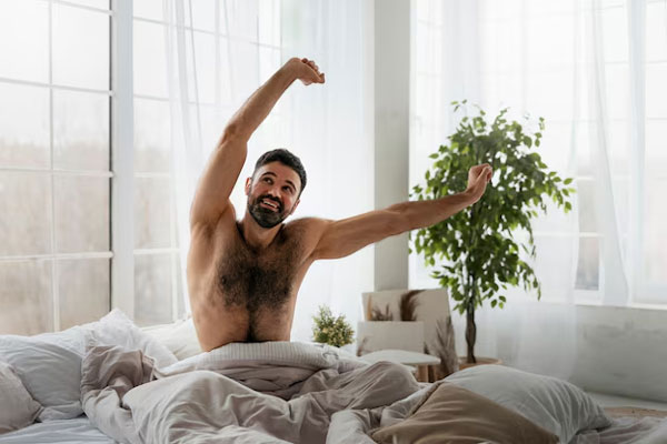 Insomnio afecta el pelo - Hombre estira sus brazos tras levantarse de la cama y tras disfrutar de un sueño reparador