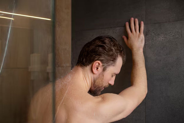 Hombre toma una ducha de agua tibia para bajar los niveles de estrés y dormir mejor