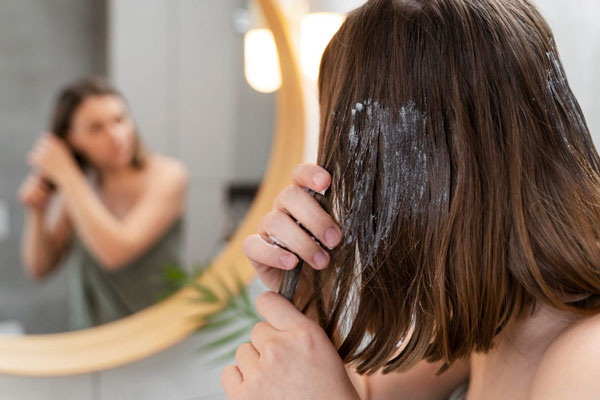 Joven se aplica una mascarilla capilar frente al espejo para hidratar el cabello 