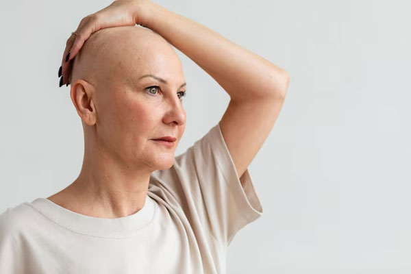 Pacientes no aptos para injerto capilar - Mujer con alopecia universal se lleva la mano a la cabeza mientras mira fijamente hacia un punto