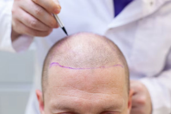 Pluma Choi - Cirujano capilar traza línea de implantación frontal para llevar a cabo un trasplante de cabello