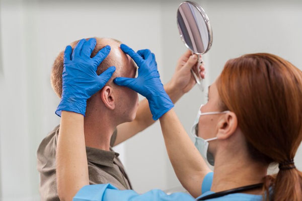 Olumiant - Tricólogo examina el cuero cabelludo de un hombre con alopecia areata