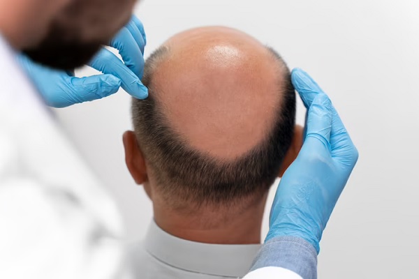Clonación capilar - Tricólogo examina el cuero cabelludo de un hombre con alopecia en la coronilla 