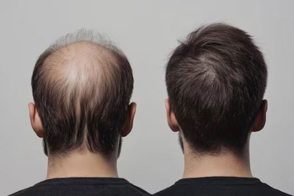 Antes y después de un trasplante de cabello en un hombre con alopecia 
