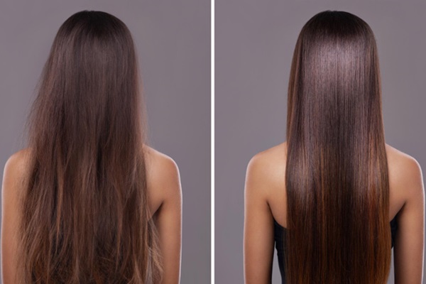 Cerveza para el cabello - Imagen comparativa de una mujer con el cabello dañado y luego con el pelo hidratado y brillante