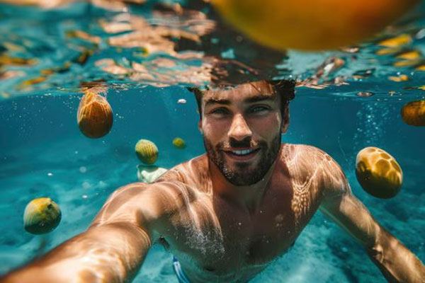 Gimnasio tras injerto capilar - Hombre se toma una foto mientras práctica deporte bajo el agua 