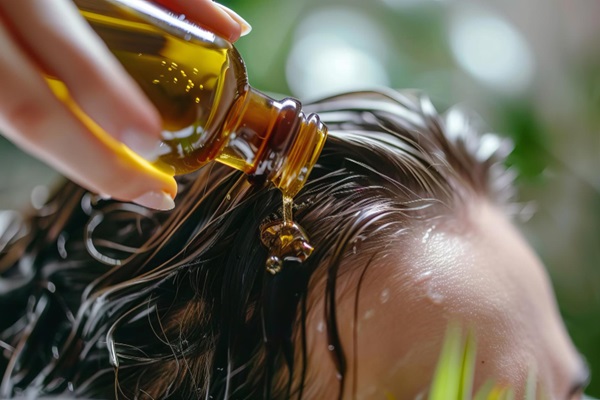 Mujer aplicándose aceite natural en el cabello para hidratar y reparar las fibras capilares