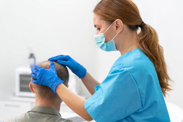 Tricóloga examina la coronilla de un paciente con problemas de calvicie