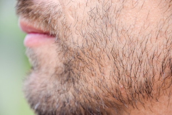 Perfil de un hombre con vello facial en crecimiento que lo hace lucir masculino
