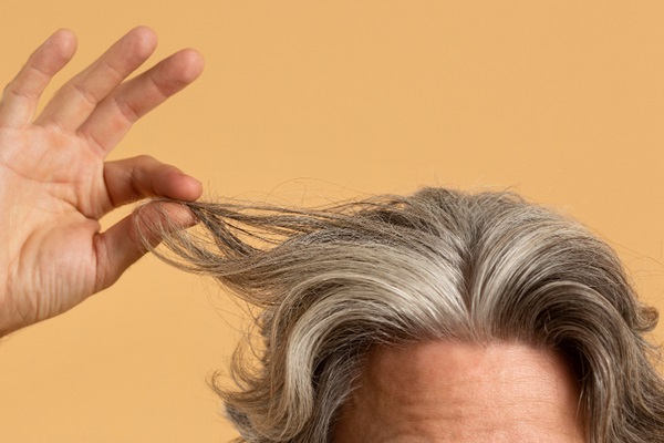 Injerto de pelo con canas - Hombre sujetando con la mano su cabello con canas abundante y sano luego de un trasplante de pelo