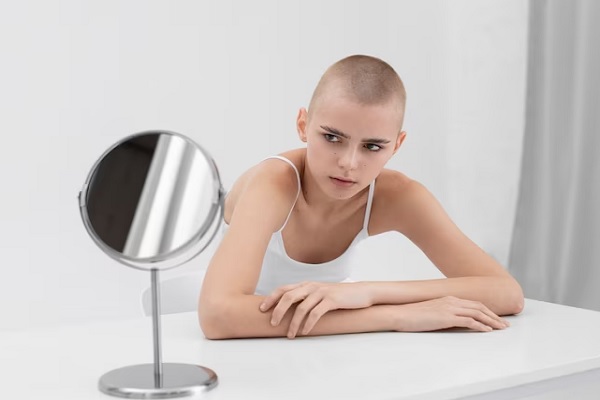 Pérdida de cabello por quimioterapia - joven con la cabeza rapada para enfrentarse a la caída de cabello por quimioterapia
