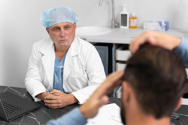 hombre en la consulta del tricólogo para una revisión de su cabello
