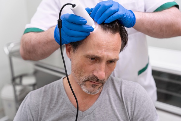 Médico capilar utilizando un dispositivo con luz laser para hacer crecer el cabello de un hombre con alopecia