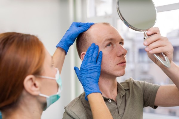 hombre caucásico en la consulta de su especialista en alopecia 