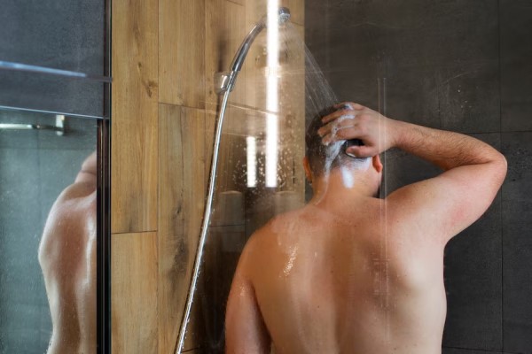 Champú para la caída del cabello - hombre blanco de espaldas en la ducha usando un champú anticaída