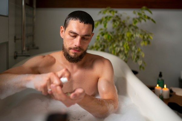 Champú para la caída del cabello - hombre caucásico en la bañera poniendo champú anticaída en la mano