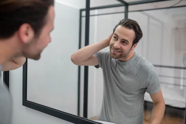 joven haciendo evaluación del estado de salud de su pelo