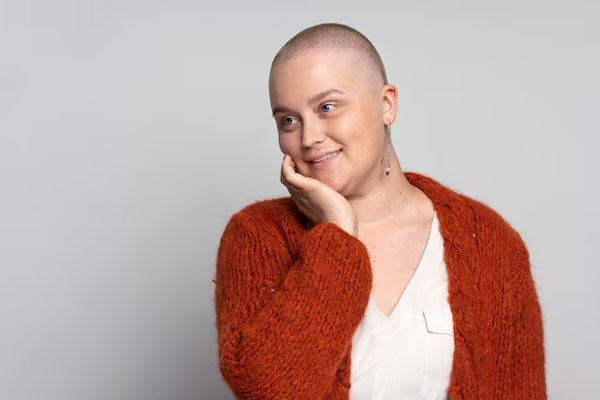 Joven sonriente enfrenta la pérdida del cabello en su lucha contra el cáncer