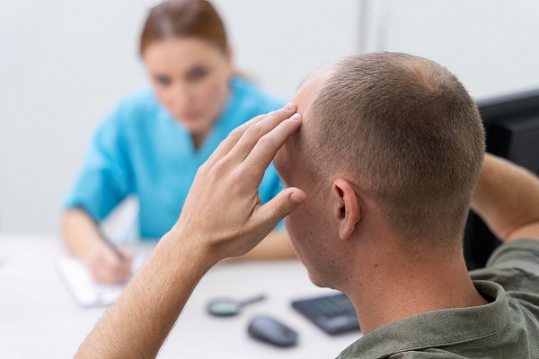 un paciente con alopecia en consulta con una especialista, en una de las mejores clínicas 