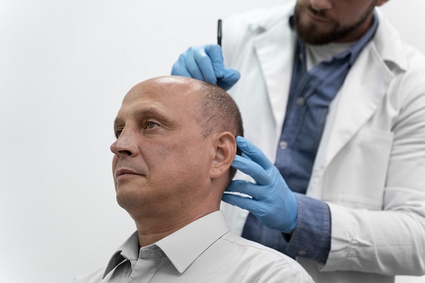 Cuánto cuesta un implante de cabello - especialista marcando la zona de la cabeza del paciente, donde se va a realizar el implante
