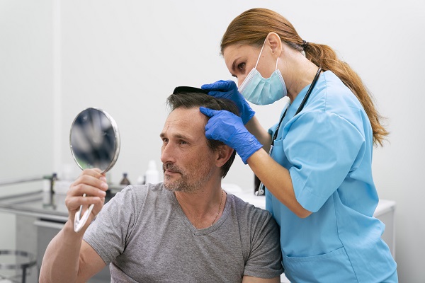 Cuánto cuesta un implante de cabello - hombre junto a especialista, viendo por el espejo los resultados del implante capilar