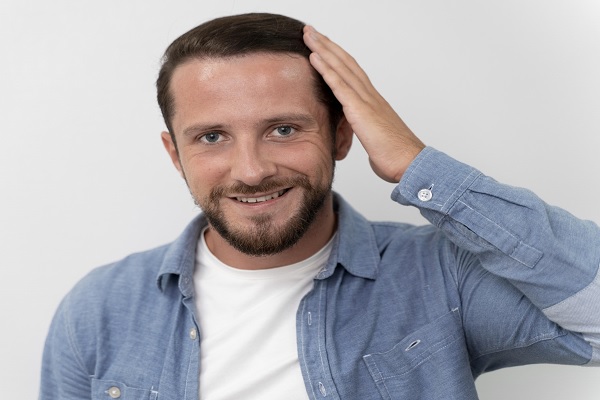 hombre sonríe feliz mientras pasa su mano por el cabello