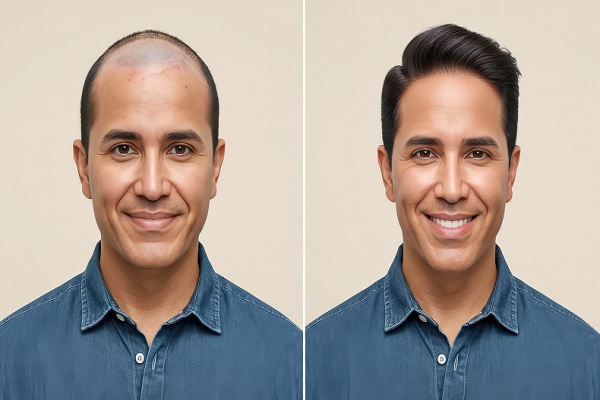 se muestra el antes y después de un hombre que se realizo este procedimiento, mostrando una mejora como beneficio del implante