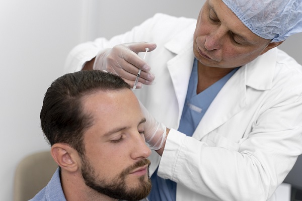 injerto capilar, un especialista le realiza un procedimiento en el cabello a paciente masculino