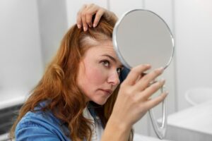 calvicie en mujeres - una mujer revisa su cabello con un espejo para documentar su perdida capilar