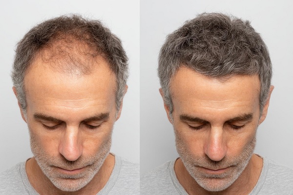 hombre muestra el antes y después del injerto de pelo