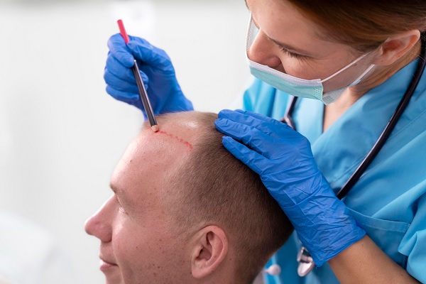 trasplante capilar Colombia - una cirujana marca la línea de cabello de un hombre con calvicie para un trasplante de cabello