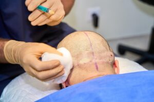 trasplante capilar Colombia - un cirujano administra una inyección durante el trasplante de cabello