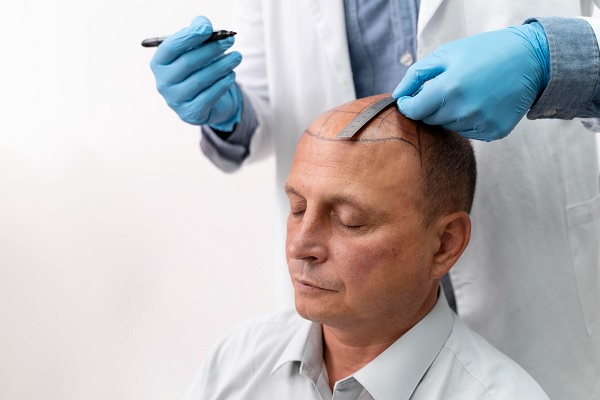 un especialista marca la zona donde va a realizar un trasplante de cabello